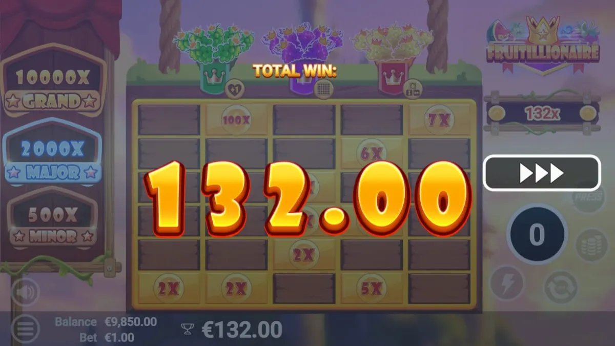Interface do jogo de slot Fruitillionaire com frutas reais e moedas douradas