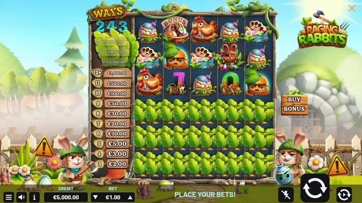 Interface do jogo de slot Raging Rabbits com coelhos militares e símbolos de explosivos