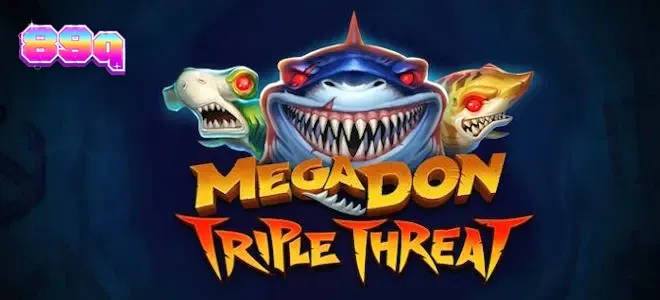 Cena subaquática intensa com tubarões e elementos visuais do jogo Mega Don Triple Threat